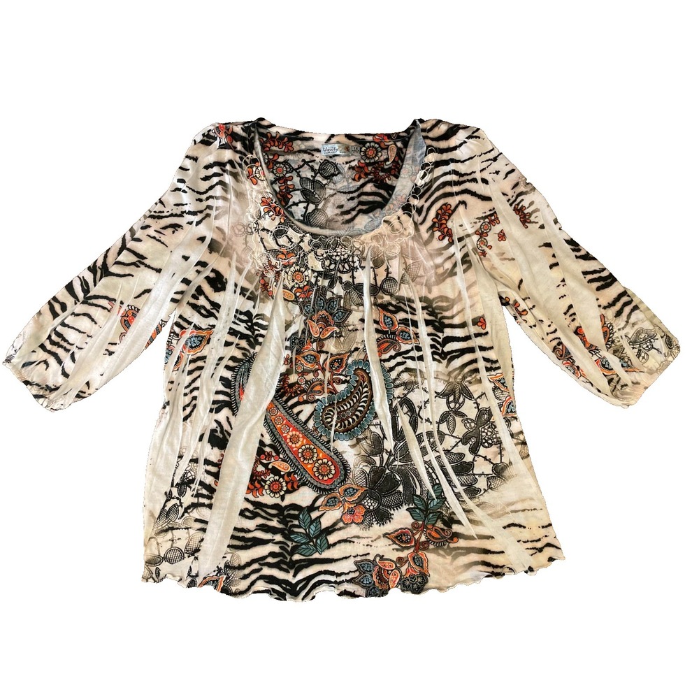 Unity World Wear Boho Mixed Print Blouse 1X Top Zebra Paisley‎ Festival Artsy